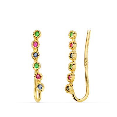 Pendientes trepadores circonitas colores oro amarillo 18Kts. PM Ref; 21104