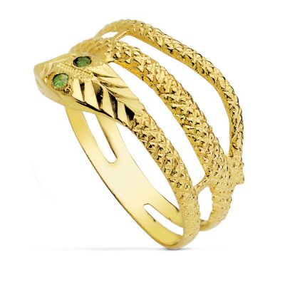 Anillo serpiente fabricada en oro amarillo 18Kts. de 2 vueltas con unas esmeraldas en los ojos. PM Ref; 9089-ES